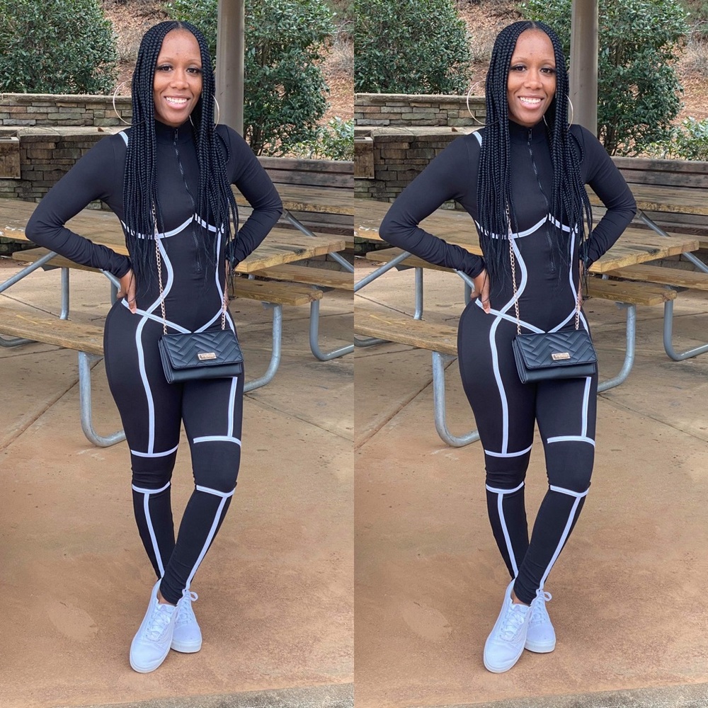 Black Long Sleeves Striped Half Zip Jumpsuit